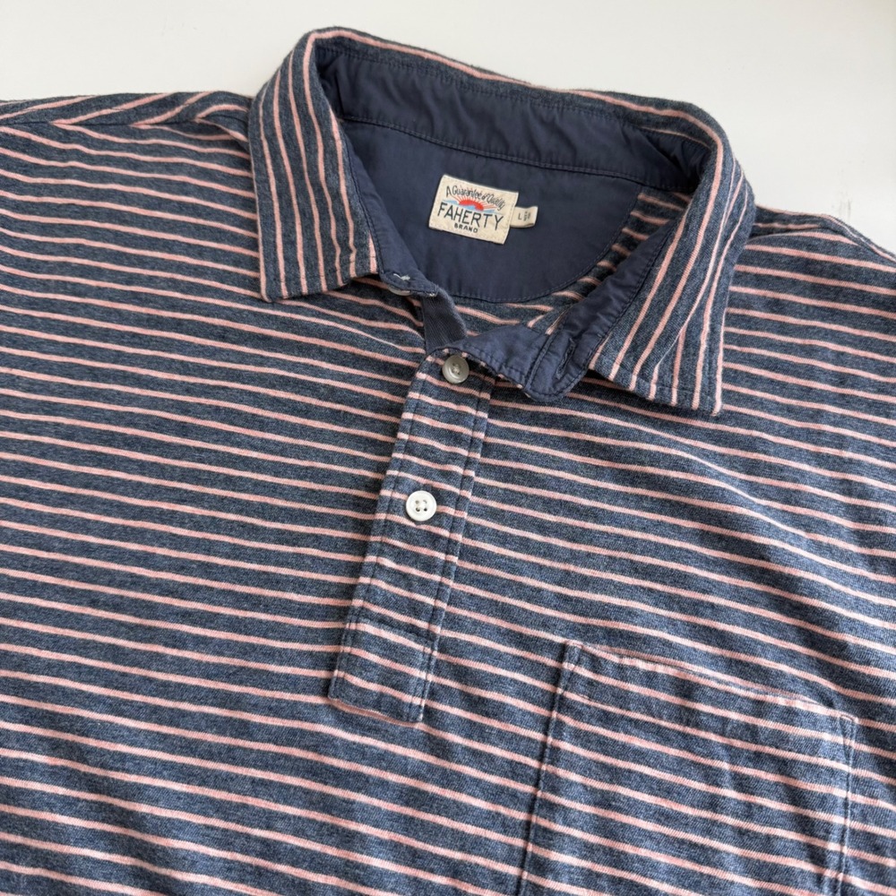 Faherty Mens Large Navy Pink Striped Cotton Short Sleeve Polo MKG1802NHC